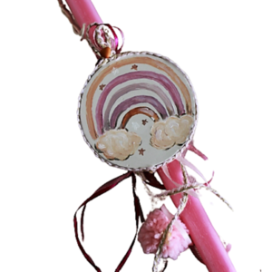 Αρωματική λαμπάδα 33 εκ με καδράκι από καλλιτεχνικό τσιμέντο "ουράνιο τόξο" - κορίτσι, λαμπάδες, ουράνιο τόξο, για μωρά