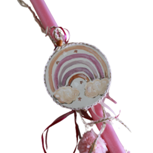 Αρωματική λαμπάδα 33 εκ με καδράκι από καλλιτεχνικό τσιμέντο "ουράνιο τόξο" - κορίτσι, λαμπάδες, ουράνιο τόξο, για μωρά - 2