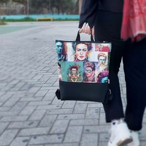 Backpack Frida Kahlo με μαύρη δερματίνη - ύφασμα, πλάτης, μεγάλες, all day, δερματίνη - 2