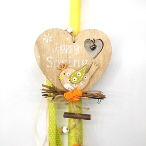 Λαμπάδα Πασχαλινή 38εκΧ10εκ κίτρινη στρογγυλή με ξύλινη καρδιά ,πουλάκι και υφασμάτινα λουλούδια - καρδιά, κορίτσι, λαμπάδες, πουλάκι, για εφήβους