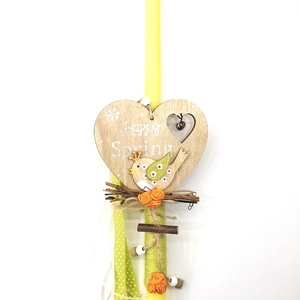 Λαμπάδα Πασχαλινή 38εκΧ10εκ κίτρινη στρογγυλή με ξύλινη καρδιά ,πουλάκι και υφασμάτινα λουλούδια - καρδιά, κορίτσι, λαμπάδες, πουλάκι, για εφήβους - 2