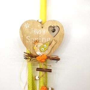 Λαμπάδα Πασχαλινή 38εκΧ10εκ κίτρινη στρογγυλή με ξύλινη καρδιά ,πουλάκι και υφασμάτινα λουλούδια - καρδιά, κορίτσι, λαμπάδες, πουλάκι, για εφήβους - 3
