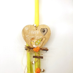 Λαμπάδα Πασχαλινή 38εκΧ10εκ κίτρινη στρογγυλή με ξύλινη καρδιά ,πουλάκι και υφασμάτινα λουλούδια - καρδιά, κορίτσι, λαμπάδες, πουλάκι, για εφήβους - 4
