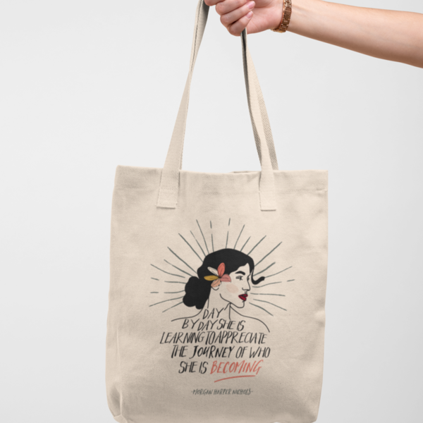 Τσάντα αγοράς tote bag με quote MHN - Self growth Journey- 37x39εκ.. - Looloo & Co - ύφασμα, tote, πάνινες τσάντες