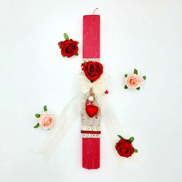 Λαμπάδα αρωματική 33cm τριαντάφυλλο με ρομαντικό μπρελόκ. - κορίτσι, λαμπάδες, για εφήβους