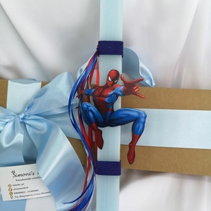 Χειροποίητη αρωματική γαλάζια λαμπάδα με ξύλινη φιγούρα Spiderman Σπαιντερ μαν . 32 εκατοστά - αγόρι, λαμπάδες, για παιδιά, για εφήβους, σούπερ ήρωες - 3