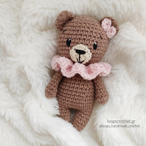 Πλεκτό κουκλάκι αρκουδάκι amigurumi 15-16 εκ. ύψος καφέ με ροζ ή σάπιο μήλο γιακα για κορίτσι - κορίτσι, λούτρινα, αρκουδάκι, amigurumi, πλεκτά - 4