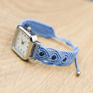 Vintage Ατσάλινο Τετράγωνο ρολόι με λουράκι macrame και ακατέργαστο ζαφείρι, γαλάζιο χρώματος. - δέρμα, ημιπολύτιμες πέτρες, μακραμέ, ατσάλι - 2