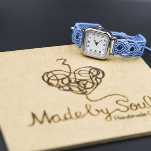 Vintage Ατσάλινο Τετράγωνο ρολόι με λουράκι macrame και ακατέργαστο ζαφείρι, γαλάζιο χρώματος. - δέρμα, ημιπολύτιμες πέτρες, μακραμέ, ατσάλι - 3