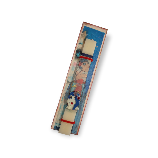 Χειροποίητη αρωματική λαμπάδα 34 εκ "Blue Mermaid" σε ξύλινη βάση με δώρο καρφίτσα. - κορίτσι, λαμπάδες, σετ