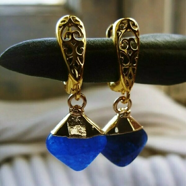 Blue semiprecious earrings - επιχρυσωμένα, ορείχαλκος, μικρά, κρεμαστά, καρφάκι