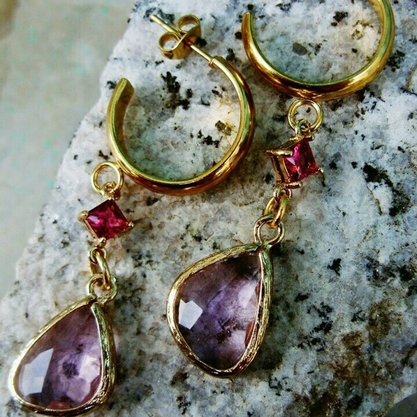 Pink crystal earrings - ατσάλι, κρεμαστά, μεγάλα, καρφάκι