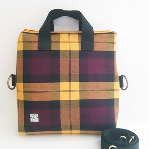 Τσάντα με επένδυση μαλακή και αφρώδης σε ύφασμα – μοτίβο Μωβ και κίτρινα καρό - ύφασμα, ώμου, χιαστί, all day, χειρός