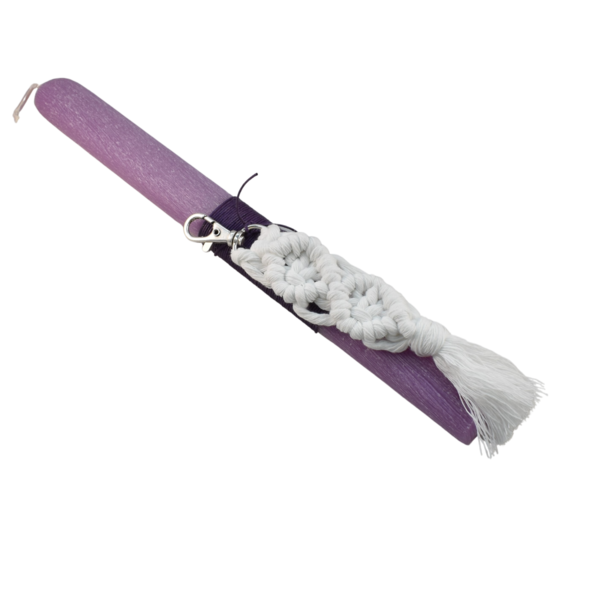 Πασχαλινή λαμπάδα με λευκό μακραμέ μπρελόκ μωβ 28cm - κορίτσι, λαμπάδες, για ενήλικες, για εφήβους, μπρελοκ κλειδιών - 4
