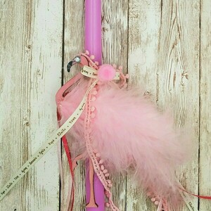 Πασχαλινή λαμπάδα Φλαμίνγκο με πούπουλα - ροζ, οβάλ 32εκ. - κορίτσι, λαμπάδες, flamingos, για παιδιά, για εφήβους - 3
