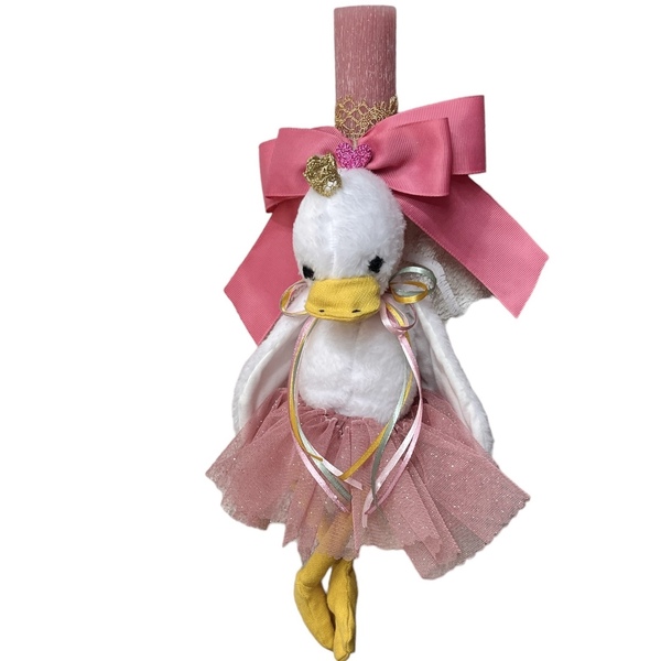 Πασχαλινή παιδική λαμπάδα ροζ 34cm με λευκό λούτρινο παπάκι . - λούτρινα, για παιδιά, αρωματικές λαμπάδες - 2