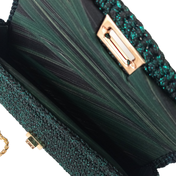 Βραδινή glitz πλεκτή τσάντα με χρυσή αλυσίδα , πράσινο - νήμα, clutch, ώμου, πλεκτές τσάντες, βραδινές - 3