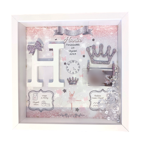 Καδράκι με στοιχεία γέννησης με γκρι ροζ γκλιτερ φόντο 27 x 27cm με βάθος 7cm για Κορίτσι με μονόγραμμα θέμα μπαλαρίνα ,αστεράκια και πεταλουδες ασημί φιογκάκι κορώνες σε ασημί - κορίτσι, δώρο γέννησης, ενθύμια γέννησης