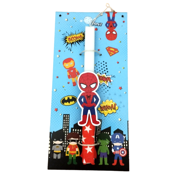 Λαμπάδα τετράγωνη 25 εκατοστά στολισμένη με ξύλινο spiderman σε βάση με σούπερ ήρωες - αγόρι, λαμπάδες, σετ, για παιδιά, για μωρά
