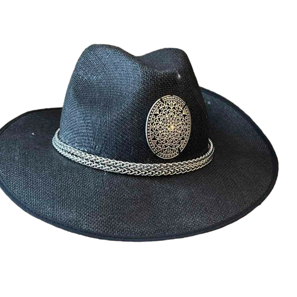 Καπέλο μαύρο με μεταλλικά στοιχεία - ψάθινα