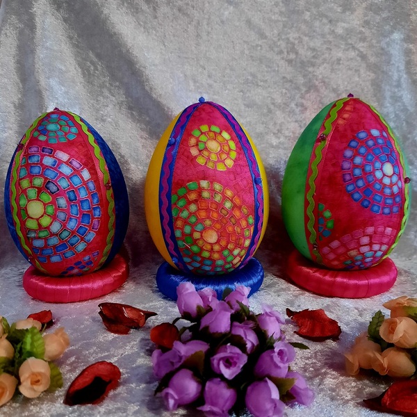 Χειροποίητο Πασχαλινό αυγό από βαμβακερό ύφασμα σε αποχρώσεις του κίτρινου και ροζ. Υψος 14 cm - διακοσμητικά, πασχαλινά αυγά διακοσμητικά, πασχαλινά δώρα, διακοσμητικό πασχαλινό - 4