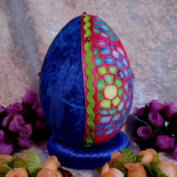 Χειροποίητο Πασχαλινό αυγό από βαμβακερό ύφασμα σε αποχρώσεις του μπλε και ροζ. Υψος 14 cm - διακοσμητικά, πασχαλινά αυγά διακοσμητικά, πασχαλινά δώρα, διακοσμητικό πασχαλινό - 3