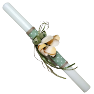 Λαμπάδα λευκή οβάλ με πράσινο-λευκό πουά ύφασμα ,κίτρινο λουλούδι και κορδέλες ( 38 χ 3 εκ. ) - κορίτσι, λουλούδια, λαμπάδες, για ενήλικες, για εφήβους