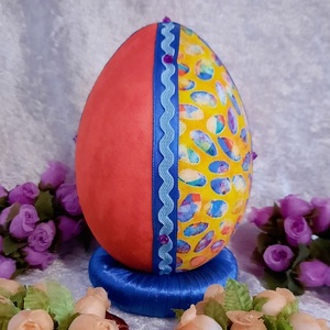 Χειροποίητο Πασχαλινό αυγό από βαμβακερό ύφασμα σε αποχρώσεις του κίτρινου, κοραλι και μπλε . Υψος 14 cm. - διακοσμητικά, πασχαλινά αυγά διακοσμητικά, πασχαλινά δώρα, διακοσμητικό πασχαλινό - 3