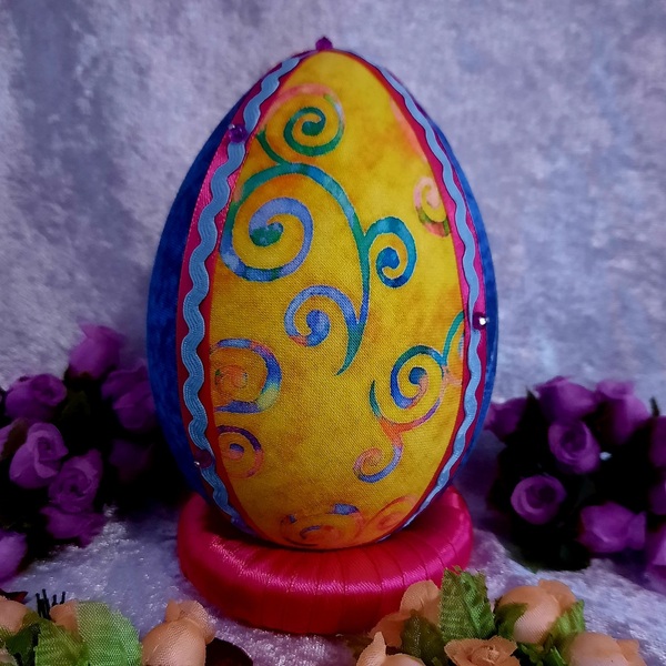 Χειροποίητο Πασχαλινό αυγό από βαμβακερό ύφασμα σε αποχρώσεις του κίτρινου και μπλε . Υψος 14 cm. - διακοσμητικά, πασχαλινά αυγά διακοσμητικά, πασχαλινά δώρα, διακοσμητικό πασχαλινό - 2
