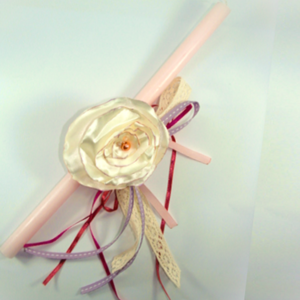 Λαμπάδα ροζ για κορίτσι με κορδέλα για τα μαλλιά με εκρού σατέν λουλούδι - κορίτσι, λουλούδια, λαμπάδες, για παιδιά - 2