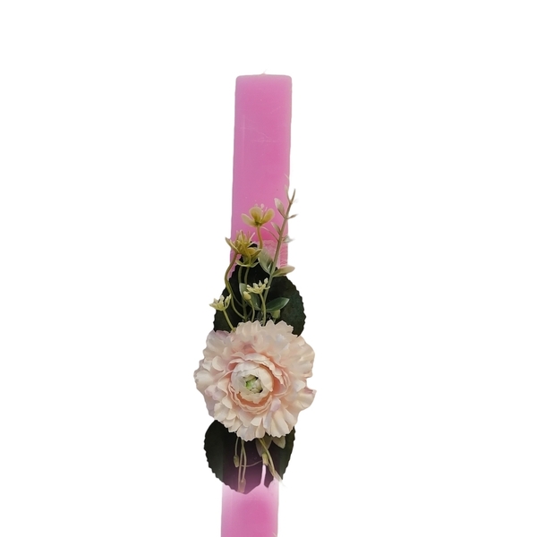 Λαμπάδα πλακέ 30εκ αρωματική ροζ , διακοσμημένη με ένα ροζ παστέλ γαρύφαλλο και φύλλα πράσινα. - κορίτσι, λουλούδια, λαμπάδες, ζευγάρια, για ενήλικες