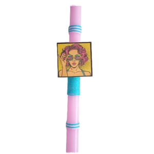 Λαμπαδα αρωμ. φουξια 30εκ. + μαγνητάκι pop art girl ξυλινο 6εκ.. - λαμπάδες, για παιδιά, για ενήλικες, για εφήβους