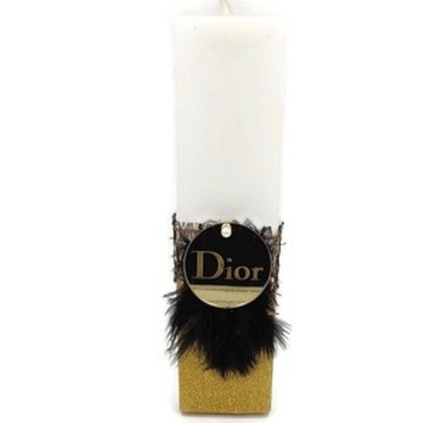 Αρωματική Λευκή Λαμπάδα με χρυσά γκλίτερ ύψους 23cm, με μαύρα πούπουλα και χρυσό στρόγγυλο πλεξιγκλάς καθρέφτη τύπου Dior - κορίτσι, λαμπάδες, αρωματικές λαμπάδες, για εφήβους