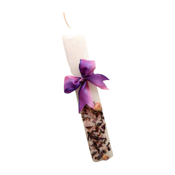 Αρωματική Λευκή Λαμπάδα 23cm με μωβ κορδέλα - κορίτσι, λουλούδια, λαμπάδες, για ενήλικες, για εφήβους