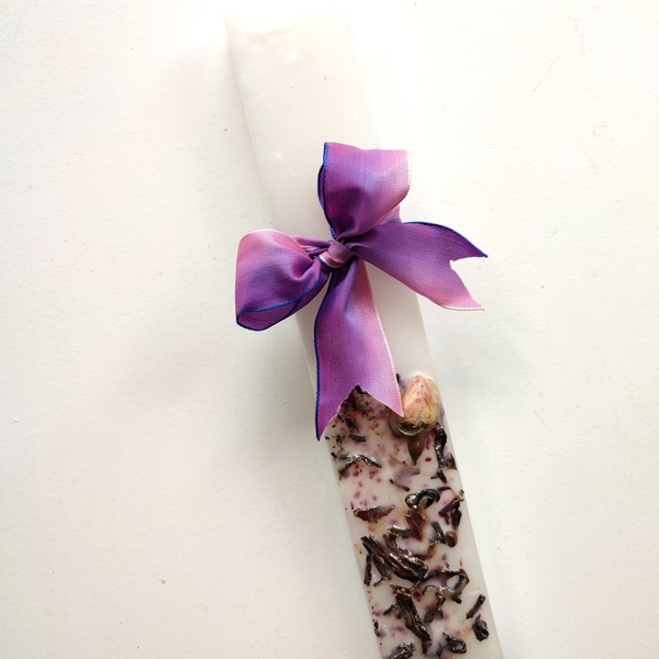Αρωματική Λευκή Λαμπάδα 23cm με μωβ κορδέλα - κορίτσι, λουλούδια, λαμπάδες, για ενήλικες, για εφήβους - 2