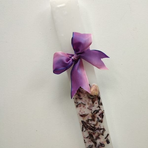 Αρωματική Λευκή Λαμπάδα 23cm με μωβ κορδέλα - κορίτσι, λουλούδια, λαμπάδες, για ενήλικες, για εφήβους - 3