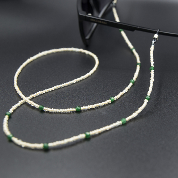Λεπτή, μπεζ αλυσίδα γυαλιών με ημιπολύτιμους λίθους πράσινος νεφρίτης Jade - ημιπολύτιμες πέτρες, αλυσίδες, αλυσίδα γυαλιών, κορδόνια γυαλιών - 2