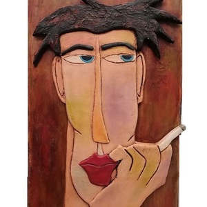Πίνακας από πηλό "Αντρική φιγούρα με τσιγάρο" - πίνακες & κάδρα, πηλός, χειροποίητα, πρωτότυπα δώρα
