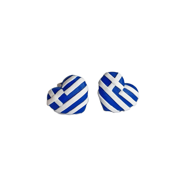 Σκουλαρίκια Ελληνική σημαία καρδιές - πηλός, καρφωτά, μικρά, ατσάλι, καρφάκι