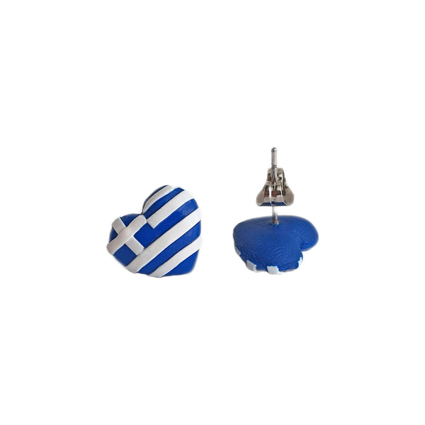 Σκουλαρίκια Ελληνική σημαία καρδιές - πηλός, καρφωτά, μικρά, ατσάλι, καρφάκι - 2