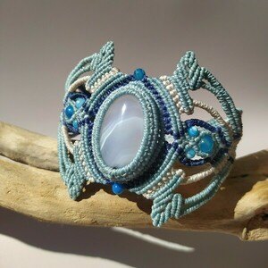 Light Blue Bracelet - ημιπολύτιμες πέτρες, μακραμέ, boho, χεριού, αυξομειούμενα - 4