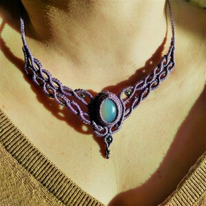 Purple Νymph Necklace - ημιπολύτιμες πέτρες, μακραμέ, κοντά, boho, αυξομειούμενα - 4
