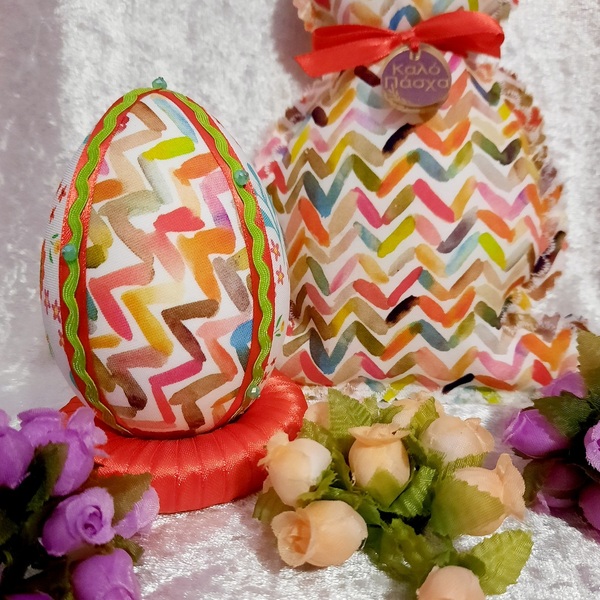 Σετ Πασχαλινό λαγουδάκι και αυγό από ύφασμα, λευκό με πορτοκαλί πινελιές - σετ, διακοσμητικά, πασχαλινά αυγά διακοσμητικά, πασχαλινά δώρα, διακοσμητικό πασχαλινό - 3