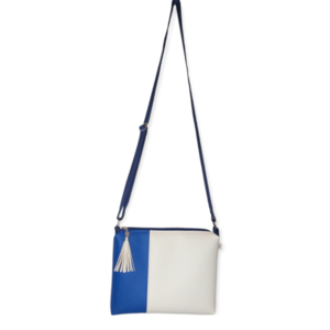 Τσάντα χιαστί color block, μπλε με εκρού δερματίνη, 25*18*5 cm - χιαστί, all day, δερματίνη, δώρα για γυναίκες, μικρές - 3