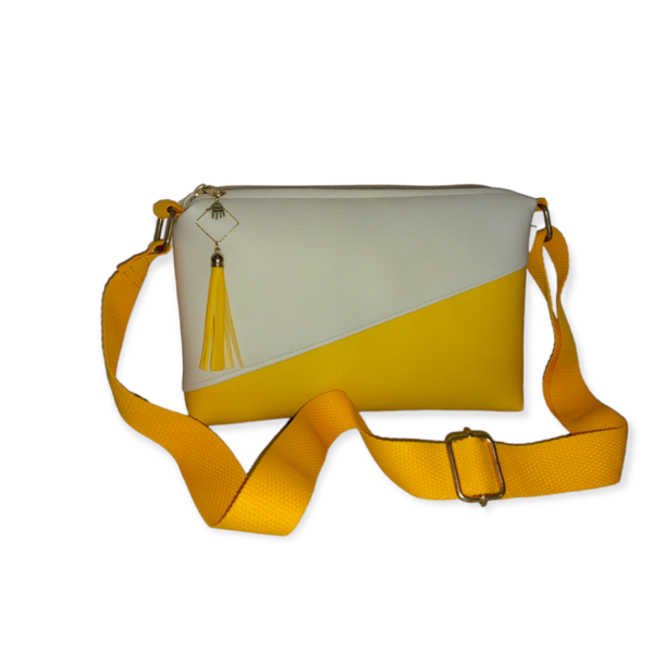 Τσάντα χιαστί color block, κίτρινο με εκρού, δερματίνη, 25*18*5 cm - χιαστί, all day, δερματίνη, δώρα για γυναίκες, μικρές
