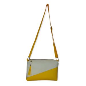 Τσάντα χιαστί color block, κίτρινο με εκρού, δερματίνη, 25*18*5 cm - χιαστί, all day, δερματίνη, δώρα για γυναίκες, μικρές - 2