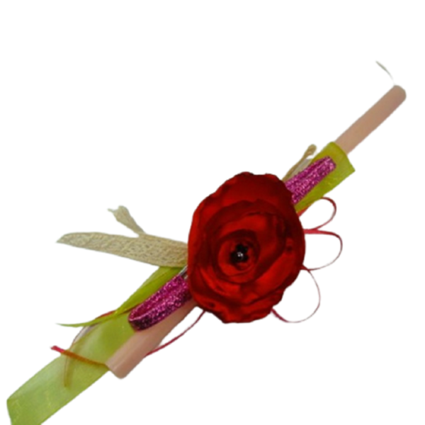 Λαμπάδα για κορίτσι με κορδέλα Lurex για τα μαλλιά στολισμένη με Κόκκινη σατέν λουλούδι - κορίτσι, λουλούδια, λαμπάδες, για παιδιά, για εφήβους