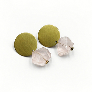 Σκουλαρίκια με ροζ κουάρτζ - ημιπολύτιμες πέτρες, ορείχαλκος, κρεμαστά, μεγάλα, καρφάκι