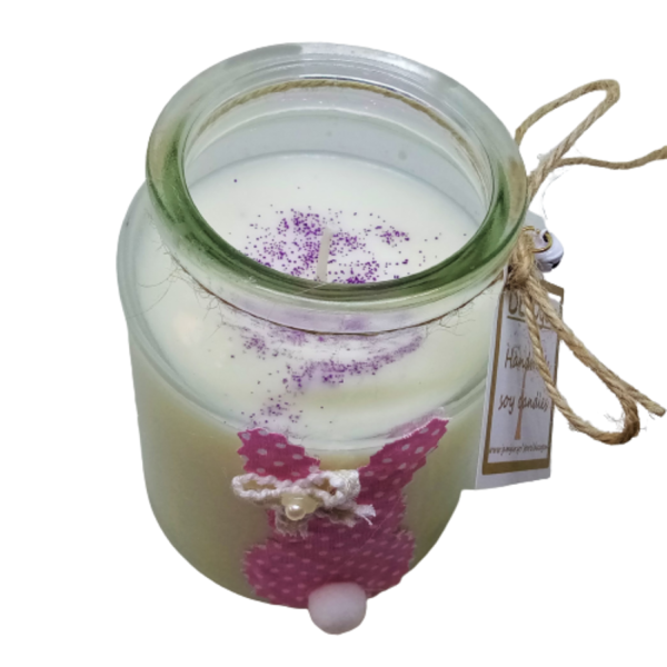 Χειροποίητο Πασχαλινό κερί σόγιας με ανοιξιάτικο λουλουδάτο άρωμα Bamboo Karite σε γυάλινο βάζο με καπάκι και ροζ λαγουδάκι ( 340 ml ) Α2 - κορίτσι, αρωματικά κεριά, διακοσμητικά, για ενήλικες, για εφήβους - 5