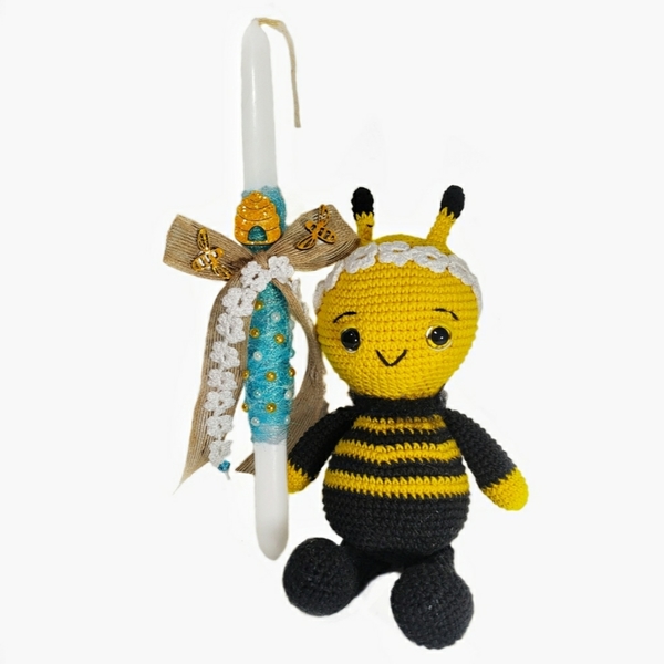 Πασχαλινό σετ δώρου λαμπάδα με χειροποίητο πλεκτό μελισσάκι - κορίτσι, λαμπάδες, λούτρινα, για παιδιά, παιχνιδολαμπάδες